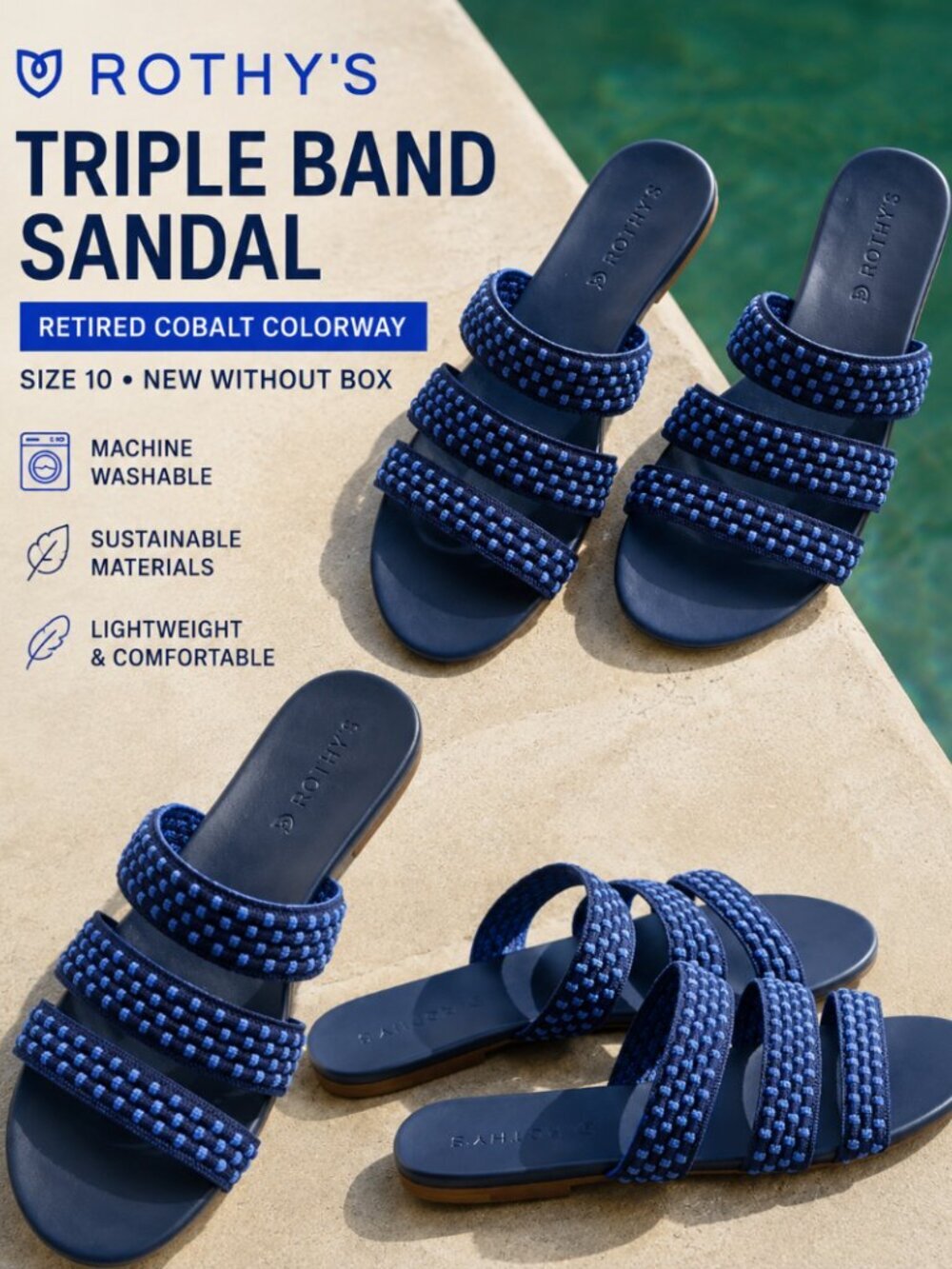 Rothy's Triple Band Sandal Cobalt Blue Check Size 10 NWOB Retired Style